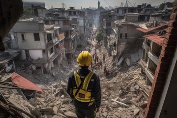 View of firefighter rescuer among affected buildings