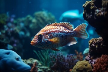 Ecosystem of the marine world. Close-up on a floating fish. Generative AI.