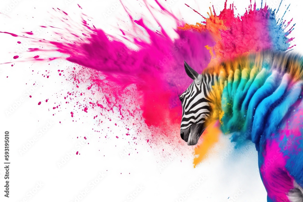 Poster a zebra with a multicolored body and head is in front of a white background. generative ai