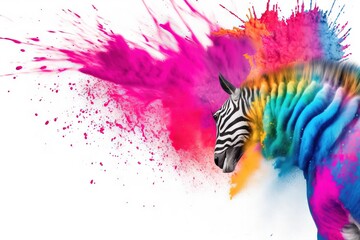  a zebra with a multicolored body and head is in front of a white background.  generative ai