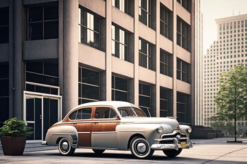 Obraz na płótnie Canvas vintage car parked in front of modern office building, with view of the city skyline visible in the background, created with generative ai