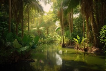 Obraz na płótnie Canvas tropical forest with towering trees and exotic plants, surrounded by warm waters, created with generative ai