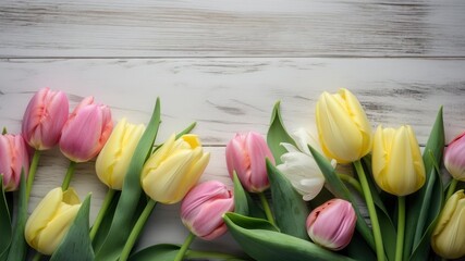 Pink and yellow tulips flowers Border surrounding on a light green Wooden Tabletop, Highlighting the Soft and Selective Elements of Flower Border Art. Generative ai