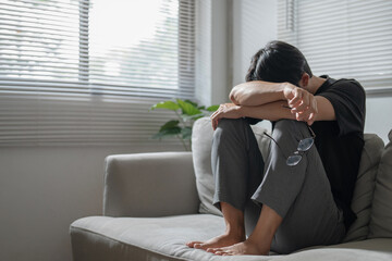 Mental health problem, Sad asian Male anxiety depressed lonely in his home..