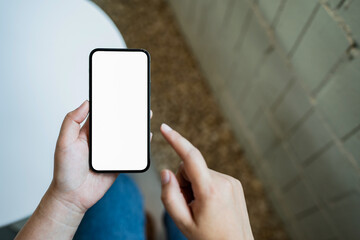 Blank mobile background, Hand holding white screen smart phone..