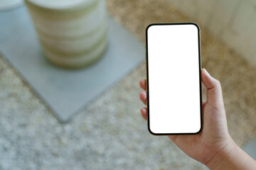 Blank mobile background, Hand holding white screen smart phone..