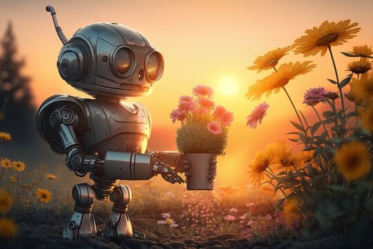 cute robot watering flowers in garden, with view of the sunset, created with generative ai