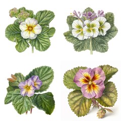 Hand-Painted Watercolor Illustration of a Oakleaf Primrose Flower and Leaves with Intricate Botanical Details