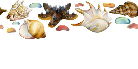 Obraz premium Hand drawn watercolor shell, colorful sea glass, starfish. Seamless horizontal banner. Isolated on white background. Design for wall art, wedding, print, fabric, cover, card, tourism, travel booklet.
