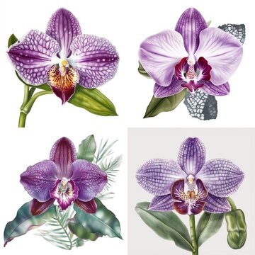 Hand-Painted Watercolor Illustration of a Purple Orchid Flower and Leaves with Intricate Botanical Details