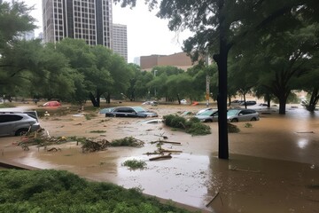 flash flood overtaking city park, with debris and cars floating in the water, created with generative ai - obrazy, fototapety, plakaty