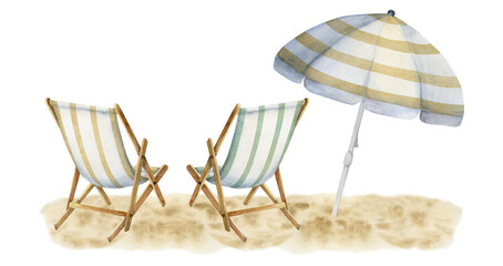 Hand drawn watercolor composition. Striped beach accessories, umbrellas and chairs on sand. Isolated on white background. Design wall art, wedding, print, fabric, cover, card, tourism, travel booklet.