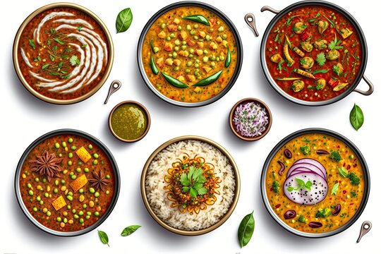 Vegan or vegetarian restaurant dishes top view, hot spicy indian soups, rice and salads in copper bowls. Traditional indian cuisine meal assortment isolated on white background. Healthy eastern food