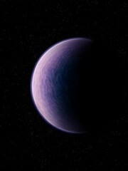 Alien planet in far space. Exoplanet with a solid surface and atmosphere. Beautiful cosmos background.