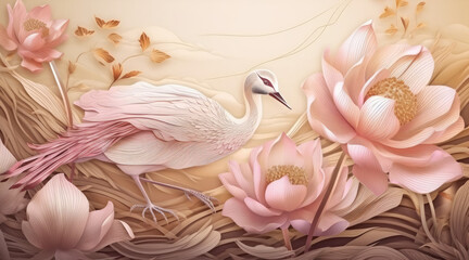 Obraz na płótnie Canvas Luxury oriental flower background. Elegant pink lotus flowers golden line art with sea wave line pattern and crane bird. Chinese and Japanese design for wallpaper, poster, banner, card. Generative ai