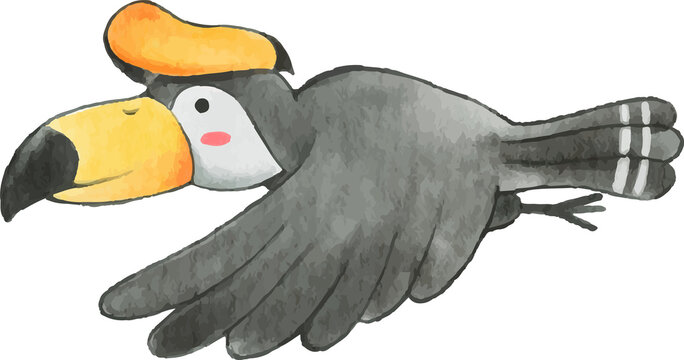 Hornbill bird . Watercolor cartoon character .