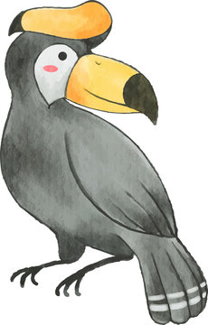 Hornbill bird . Watercolor cartoon character .