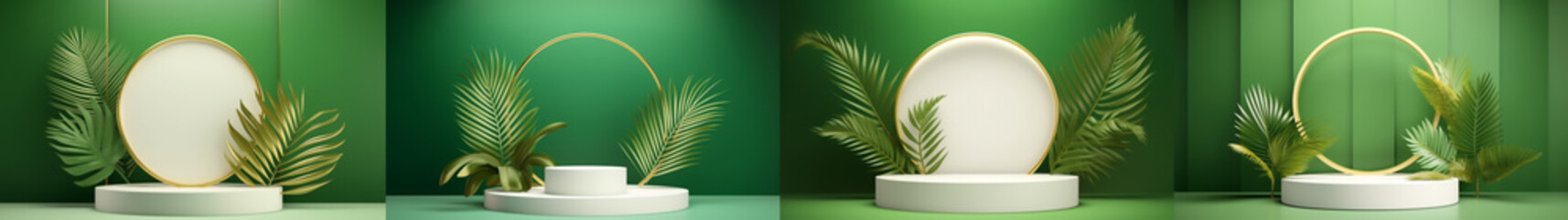 White product podium with green tropical palm leaves and golden round arch on green wall. 