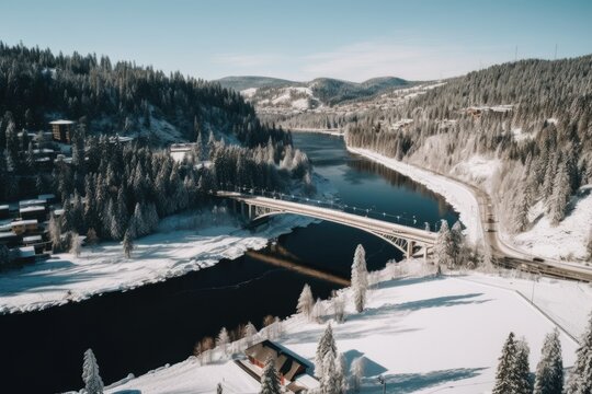 Aerial image of a winter environment with a bridge, snow, and a river. rivers and trees. Generative AI