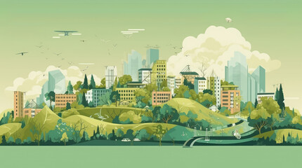 Natural capital in sustainable green city development scene outline concept. Ecological and environmental town with lush vegetation and housing vector illustration. Beauty area for future lifestyle. - obrazy, fototapety, plakaty