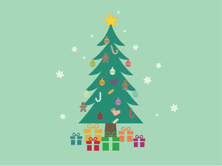 Fototapeta premium Christmas background with decorated tree and gift boxes. Colorful flat presents for holiday. Modern design. Vector illustration