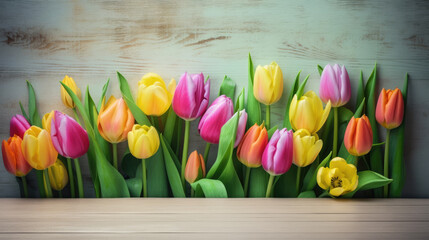 Pink and yellow tulips flowers Border surrounding on a light green Wooden Tabletop, Highlighting the Soft and Selective Elements of Flower Border Art. Generative ai