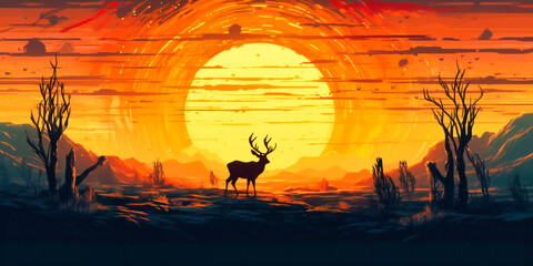 deer with big antlers walking against the sunset,