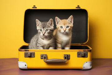 Two kittens in yellow baggage suitcase isolated on yellow background. Travel, Holidays concept. Generated Ai
