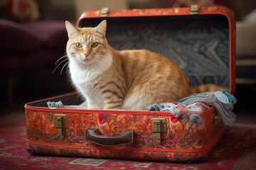 Red cat in red baggage suitcase isolated on white bright interior, background. Travel, Holidays concept. Generated Ai