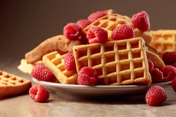 Belgian waffles with raspberries.