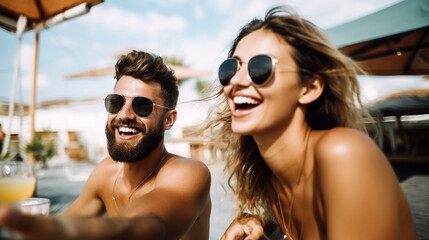 Gorgoeous couple laughing at a bar in the beach. Generative Ai