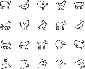 Vector set of farm animals line icons. Contains icons cow, horse, goat, goose, donkey, rooster, pig, duck and more. Pixel perfect.