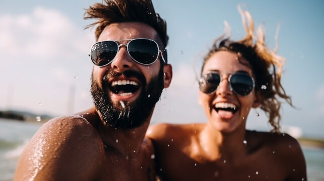 Fit couple has fun in the water in summer. Generative Ai