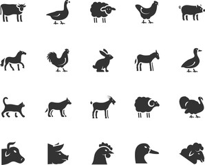 Vector set of farm animals flat icons. Contains icons cow, horse, goat, goose, donkey, rooster, pig, duck and more. Pixel perfect.