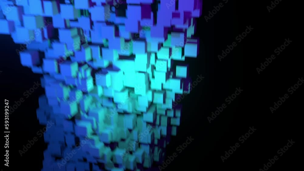 Canvas Prints blue abstract geometric cube flowing from top to down on black. big data, computer, particle backgro