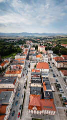 Paczków, aerial, panoramic view of Main Square, Town Hall, old town, Kłodzko Gate, where medieval fortifications have been preserved, 09.20 - obrazy, fototapety, plakaty