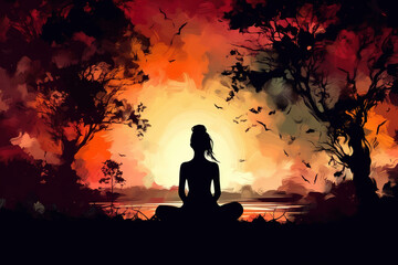 Meditation and yoga, female mental health, calmness, harmony concept. Silhouette woman sitting in lotus position, meditating in nature. Generative AI illustration