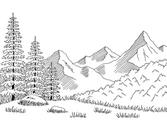 Taiga forest mountains hill graphic black white landscape sketch illustration vector