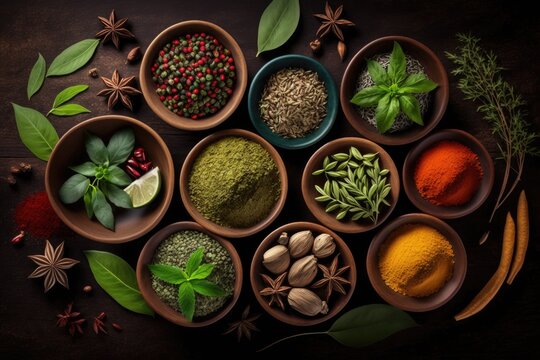 Fresh herbs and vibrant, fragrant spices in bowls. looking up. Generative AI