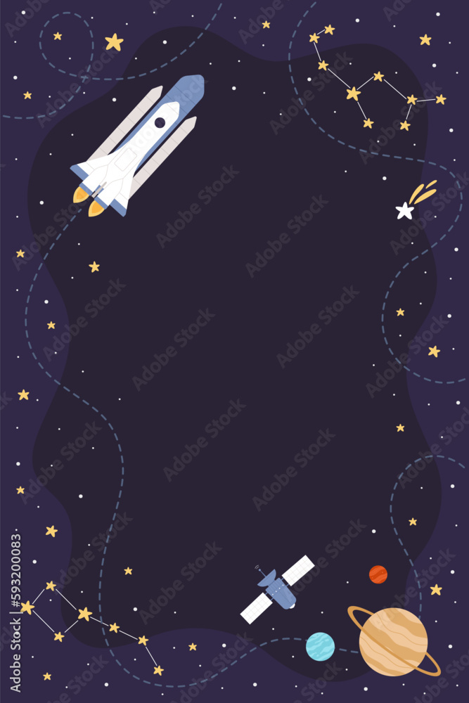 Wall mural cartoon spaceship flying in night sky to explore galaxy along route line, blue cosmos background wit