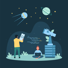 Space discovery with observatory telescope, astronomy science vector illustration. Cartoon astronomer characters holding phone and laptop to observe and study satellite, stars and planets of galaxy