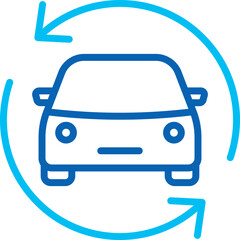 Car in arrows thin line icon. Symbol of car sharing, rent or garage. Modern vector illustration.