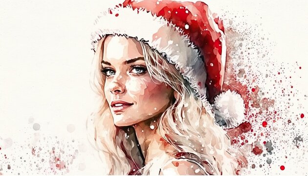 Christmas Woman. Beautiful fashion model in santa hat. Watercolor Illustration. Generative AI