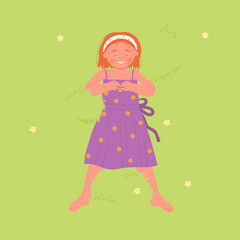 Childhood top view concept. Happy cute red hair girl lying on carpet grass in park or garden, top view vector illustration