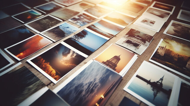 A collection of photos on a table with the word photography on the top Generative AI