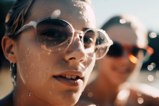Close up picture of a young couple wearing sunglasses and having fun in summer at water. Generative AI