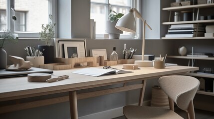 modern office interior, luxury wooden office table in a bright room.