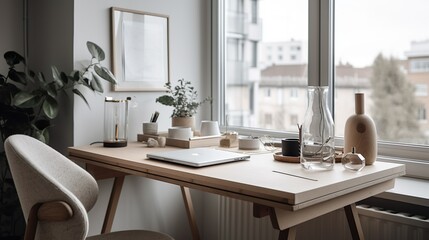 modern office interior, luxury wooden table in a bright room.