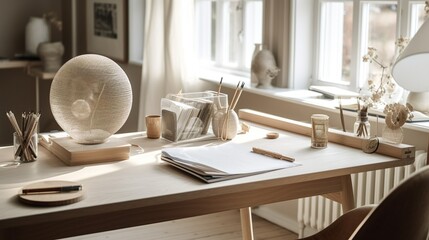 Elegant wooden table in a bright living room