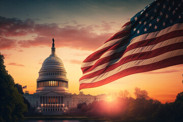 American flag with Capitol building in the background in the sunset. Generative ai.